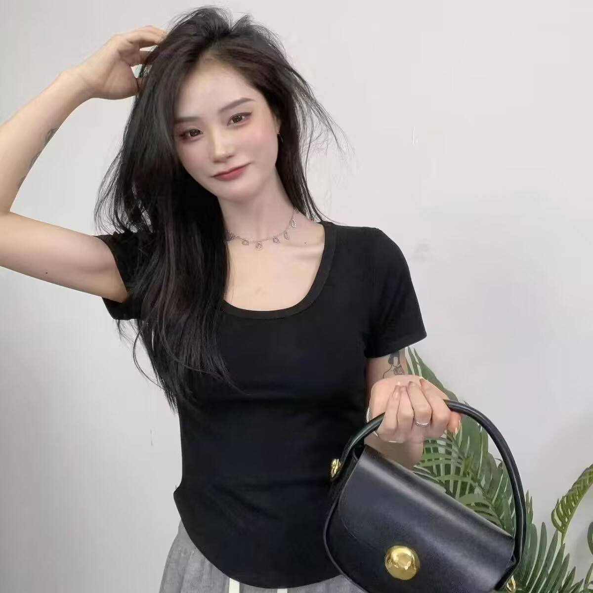 螺纹棉辣妹纯欲风短袖t恤女夏季U领韩版百搭上衣女修身显瘦打底衫