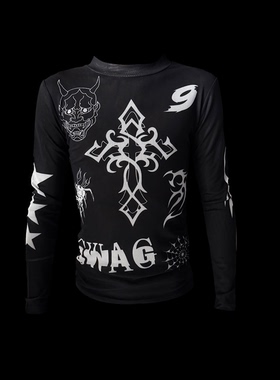 99CLUB黑色双层高弹网纱脏乱纹身长袖T恤春夏嘻哈opium男女情侣