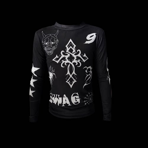 99CLUB黑色双层高弹网纱脏乱纹身长袖T恤春夏嘻哈opium男女情侣