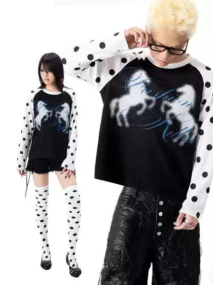 99Club Polka Dot Waffle Raglan Sleeve Long-Sleeve Short Wide T-Shirt for Men and Women, Slimming Street Style Hip-Hop Couple Wear