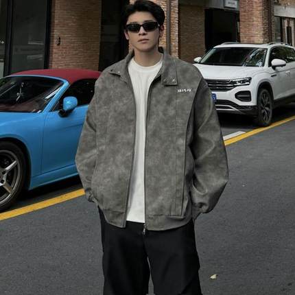 美式复古皮衣外套男2024新款潮牌设计感痞帅立领PU皮短款机车夹克