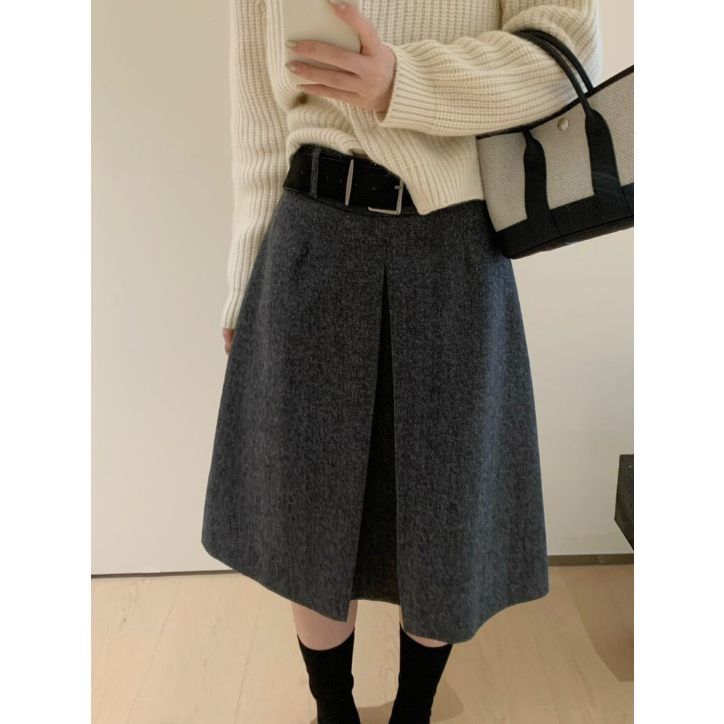 配腰带秋冬高腰显瘦毛呢A字半身裙女百搭中裙子
