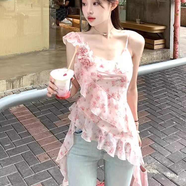碎花不规则荷叶边吊带背心女夏季设计感收腰修身无袖雪纺上衣