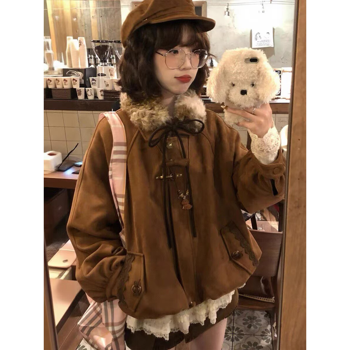 蝴蝶结毛领2026冬新款羽绒棉服女夹棉保暖复古学院风宽松花苞外套