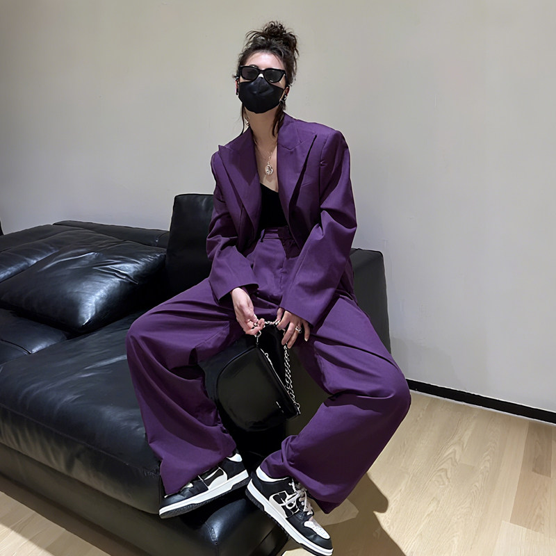 2026年春季新款通勤风 港味风紫色西装阔腿裤时尚套装 春装两件套,女装/女士精品,时尚套装,淘宝优惠券,粉丝福利购,淘宝优惠卷