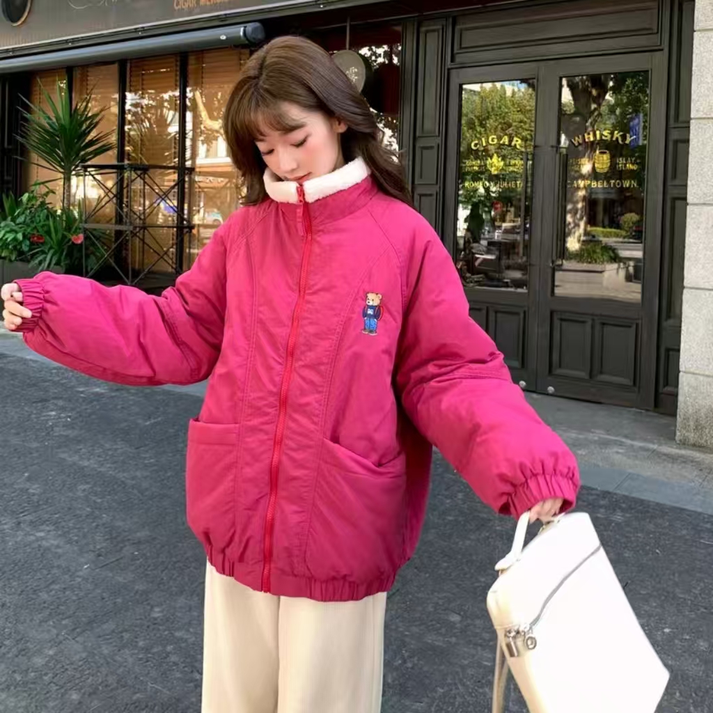 本店实拍 小熊绣花火龙果立领微皱肌理感设计百搭保暖棉衣女外套