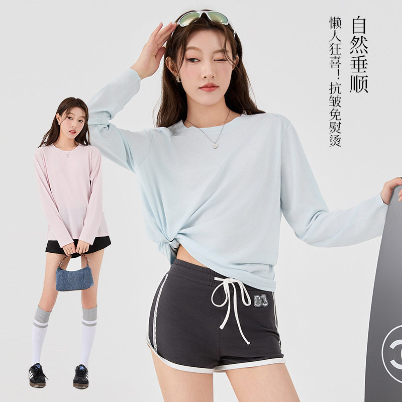 天丝雪花棉防晒罩衫女薄款圆领长袖t恤上衣女夏季宽松外搭空调衫