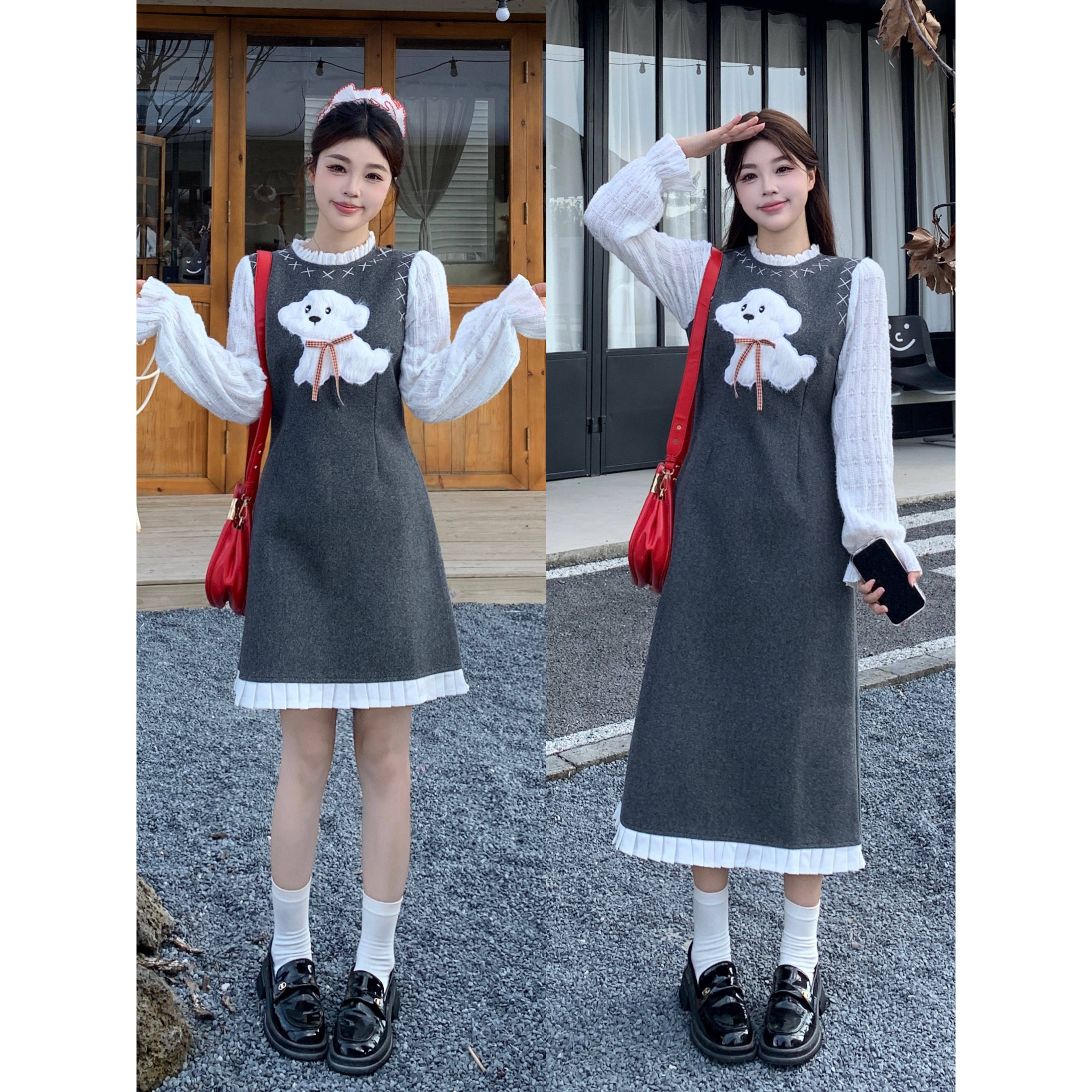 复古旋律大码女装微胖妹妹显瘦穿搭灰色小狗毛呢马甲假两件连衣裙