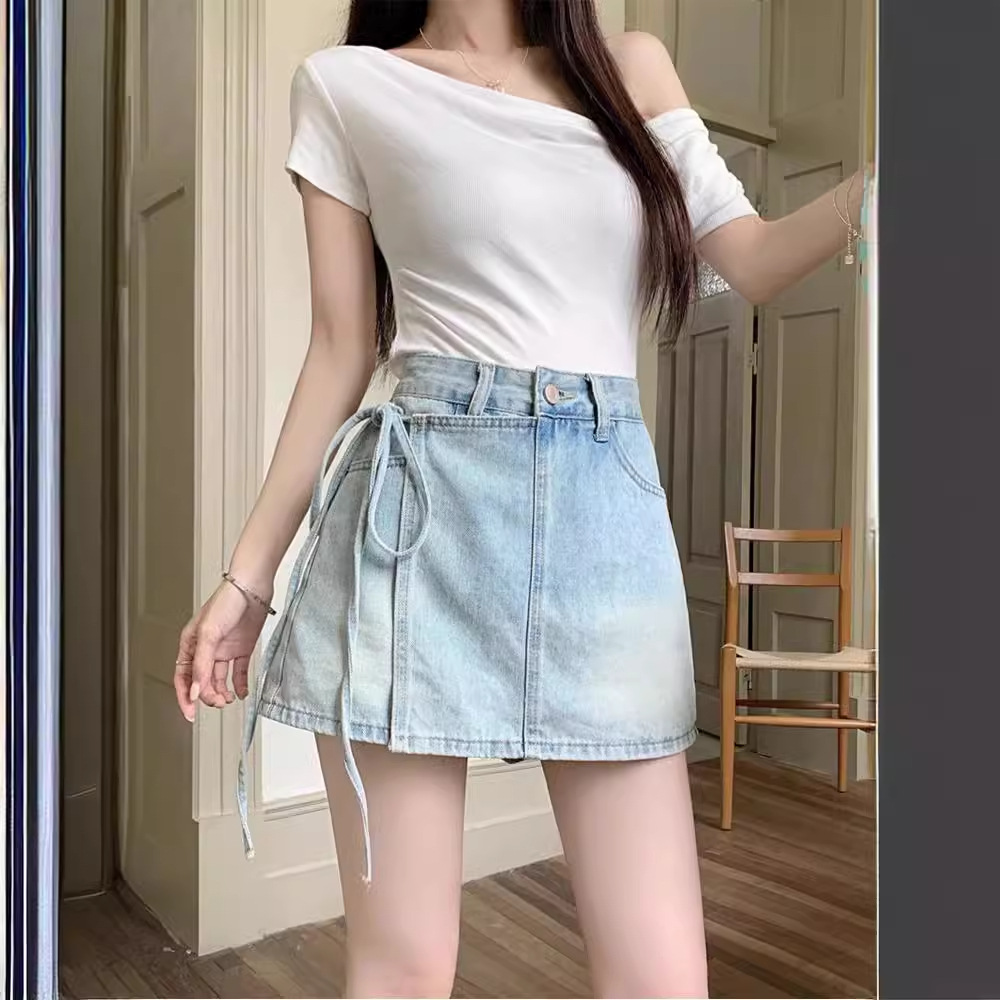 大码胖mm高腰牛仔短裤女夏季宽松显瘦直筒阔腿防走光a字裙裤