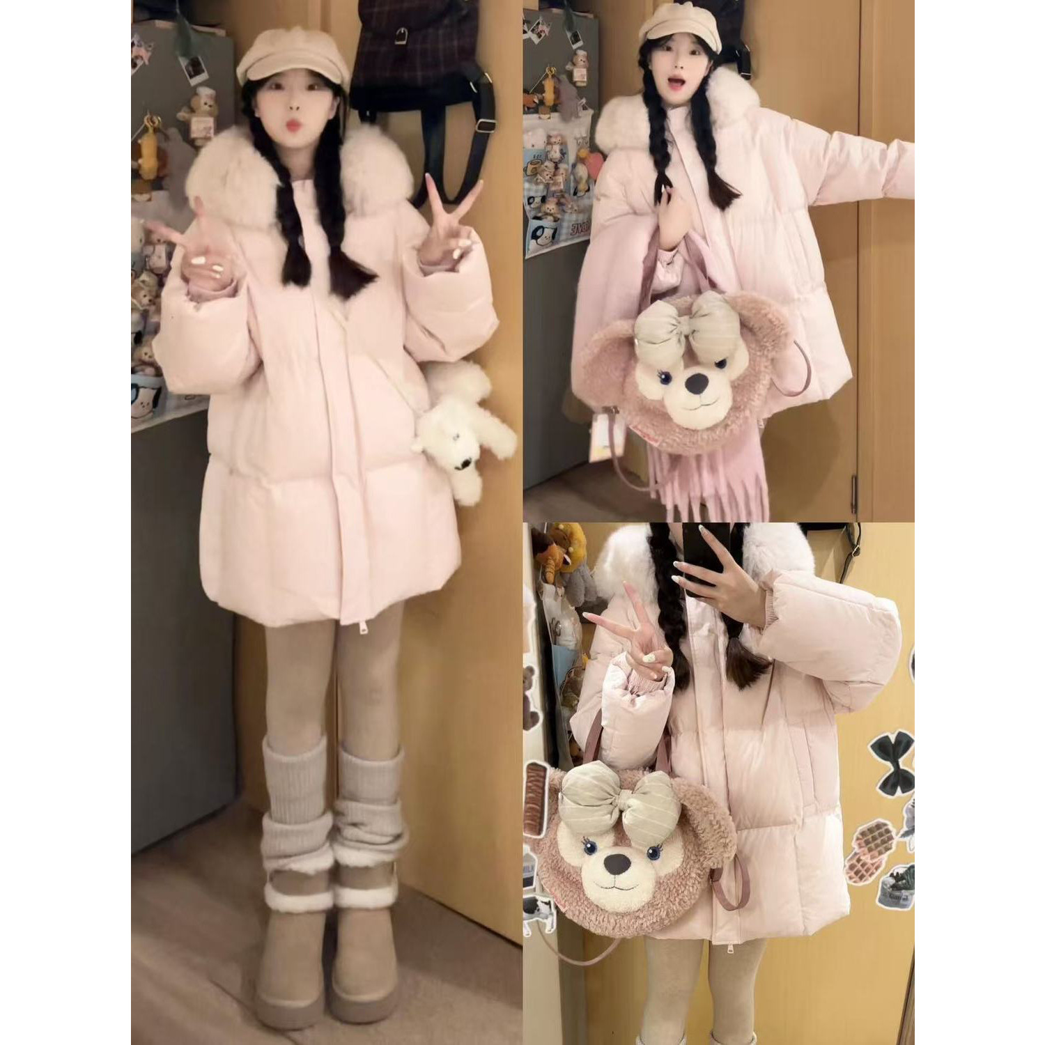 粉色毛领羽绒中长款棉服女新款冬季连帽小个子棉衣加厚棉袄外套潮