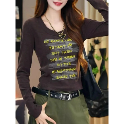 大码纯棉韩系印花圆领长袖正肩t恤女早秋修身显瘦内搭打底衫上衣