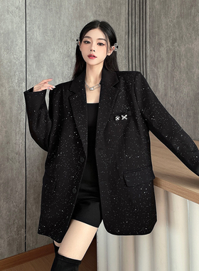 实拍实价 满天星撒粉设计感黑色西装外套女烫金闪闪高级感西服潮