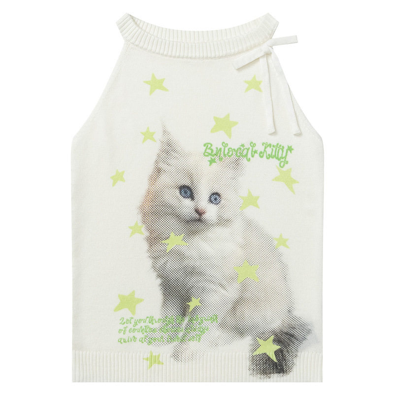 甜辣风星星猫咪印花挂脖背心女夏季新款修身显瘦内搭短款针织上衣
