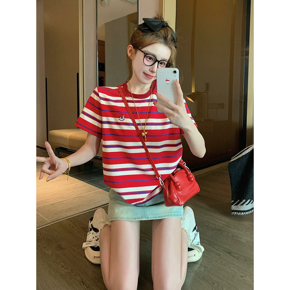 红色条纹短袖t恤女2026新款夏季美式复古宽松正肩刺绣小马上衣ins,女装/女士精品,T恤,淘宝优惠券,粉丝福利购,淘宝优惠卷