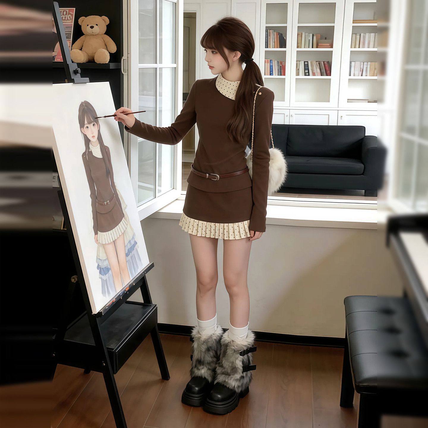 巨好看韩系两件套装裙千金穿搭咖色上衣秋冬女独特漂亮内搭打底衫,女装/女士精品,时尚套装,淘宝优惠券,粉丝福利购,淘宝优惠卷