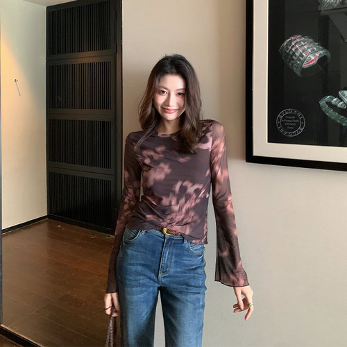 龍喜儿 秋冬复古微透氛围感网纱打底T恤衬衫女喇叭袖圆领上衣Z792