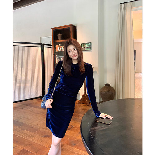 丝绒连衣裙女纯色人丝气质收腰