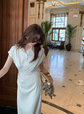 龍喜儿 醋酸法式连衣裙女中长款无袖翻领收腰缎面直筒衬衫裙W295