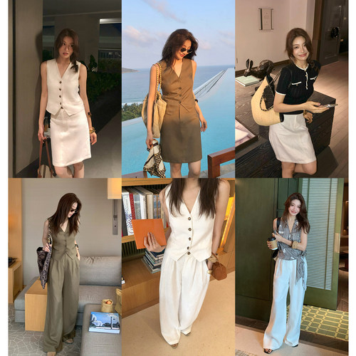 龍喜儿 Ioo%亚麻”马甲女无袖V领纯色半身裙休闲直筒长裤套装J764