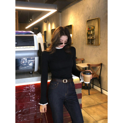 龍喜儿【可露甜心】羊毛针织打底衫上衣女26新法式修身木耳边0005