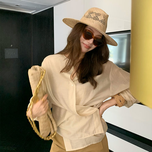 龍喜儿 轻奢高级设计感醋酸亚麻衬衫女秋薄款不规则长袖上衣J123