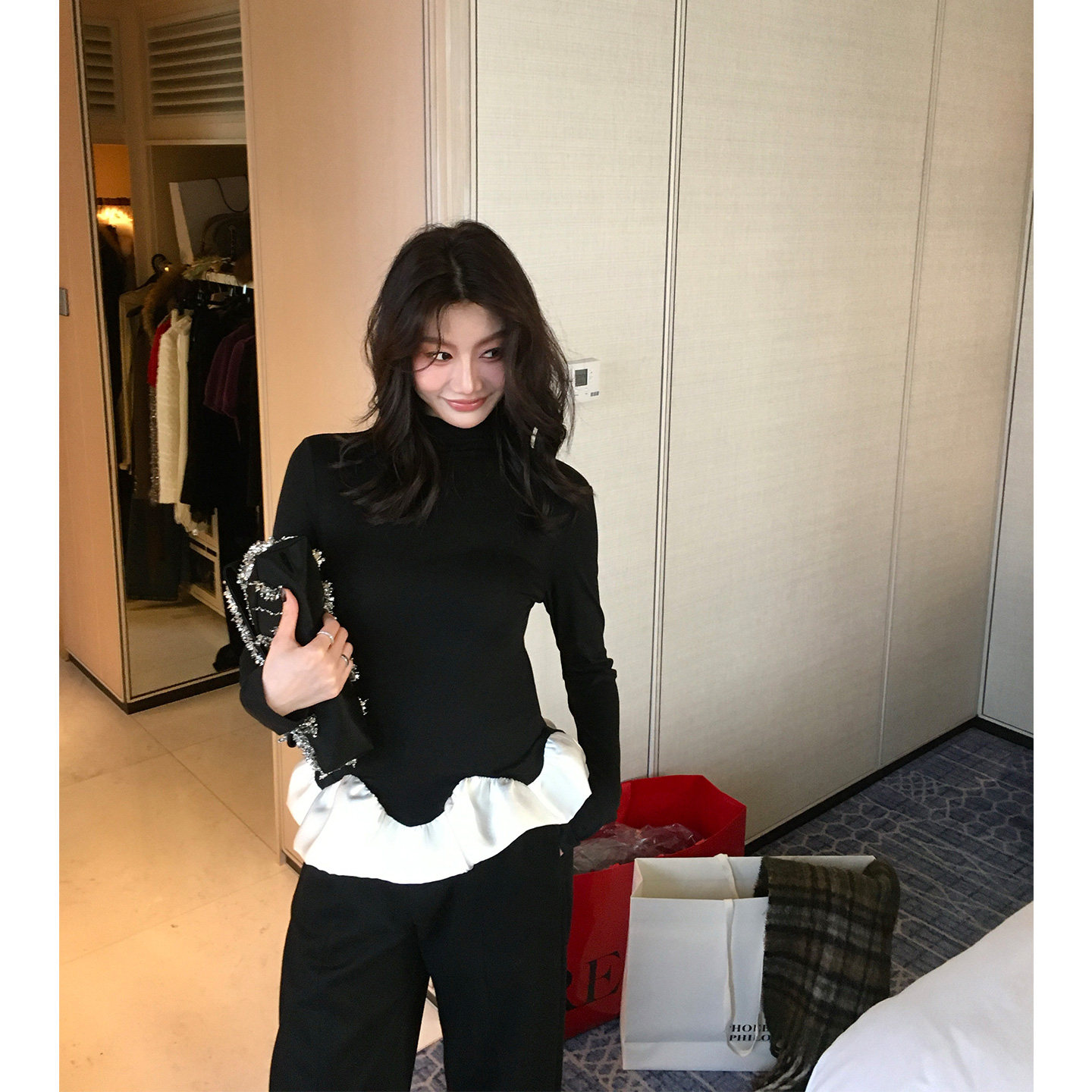 龍喜儿 春季天丝羊毛针织衫女半高领设计感荷叶边百搭打底衫Q434图片