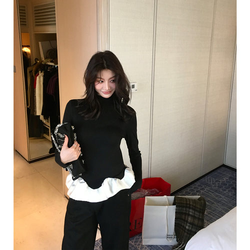 龍喜儿 春秋天丝羊毛针织衫女半高领设计感荷叶边百搭打底衫Q434