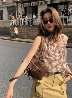 龍喜儿 轻薄圆领印花衬衫女夏季无袖飘带上衣设计感高端小衫J082