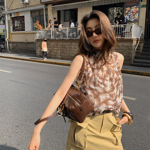 龍喜儿 印花雪纺衫女无袖2026夏季新款设计感上衣飘带小衫J082