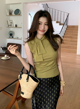 龍喜儿 老钱风天丝羊毛混纺扭结T恤女夏季高级设计感绑带上衣Z174