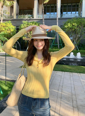 龍喜儿 纯色打底衫女简约高级竖条纹长袖半开领针织百搭上衣J078