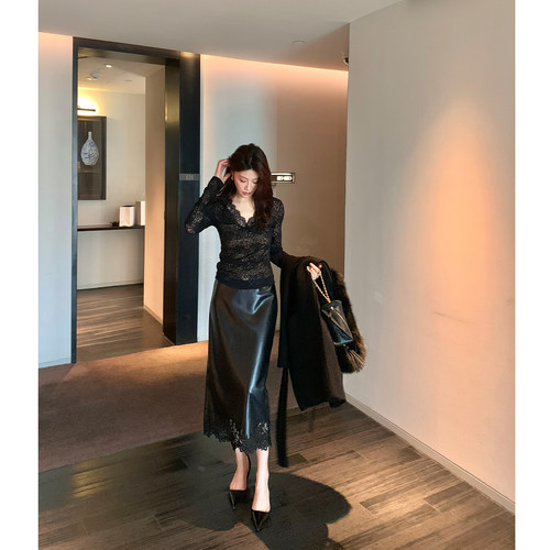 龍喜儿 气质通勤蕾丝花边PU半身裙女高腰显瘦直筒皮裙A960