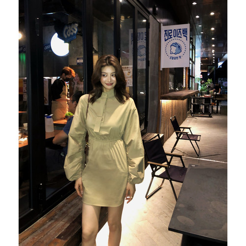 龍喜儿 时尚连衣裙女灯笼袖立领收腰显瘦裙子打底裤气质套装Y217