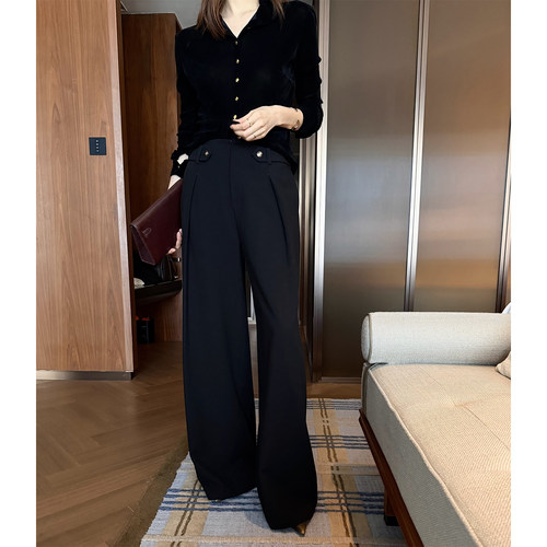 龍喜儿 天丝羊毛醋酸裤女高腰直筒时髦百搭阔腿休闲裤W019