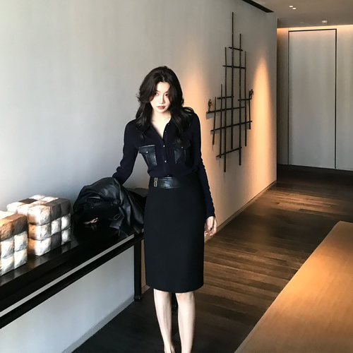 龍喜儿 职场气质黑色直筒高腰PU拼接羊毛半身裙女显瘦包臀裙K301