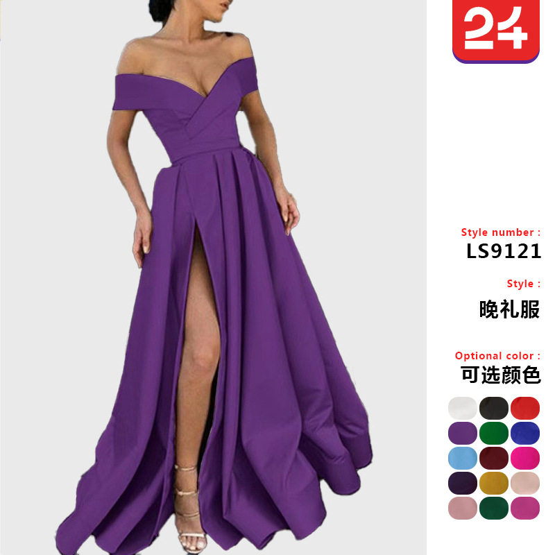 女款夏季新款欧美深V领色丁礼服