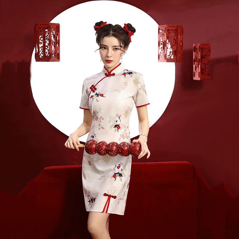 2026新款中式新旗袍红色夏季日常短款国潮改良版连衣裙小个子婚晨