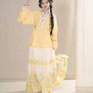 少时 马面裙粉黄绿色大码 交领琵琶袖 原创汉服明制女成人秋套装
