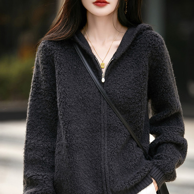 连帽拉链纯羊毛衫女宽松毛圈外套