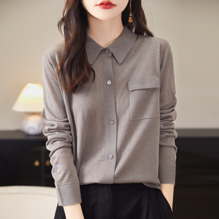 2025早春新款高品质不起球衬衣领精纺羊毛衫女开衫宽松打底针织衫