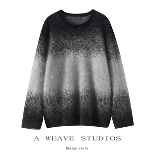 高端奢华拉绒100纯山羊绒衫女圆领渐变时尚宽松2025秋冬新款打底