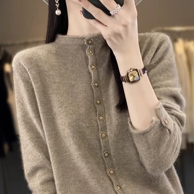 秋冬新款100%纯羊毛衫女半高圆领时尚多扣开衫外套针织衫宽松打底