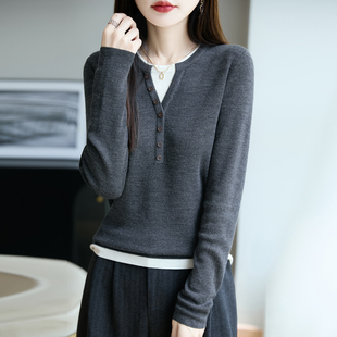 显瘦针织打底衫 2025秋冬新款 女修身 圆领拼色假两件羊毛衫 毛衣 时尚