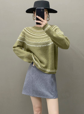 费尔岛提花山羊绒加厚毛衣女