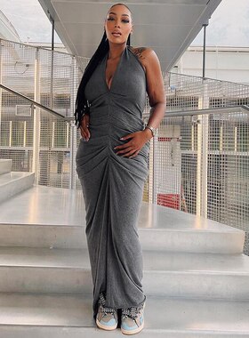 Casual V-neck hanging neck sleeveless dressV领挂脖无袖连衣裙