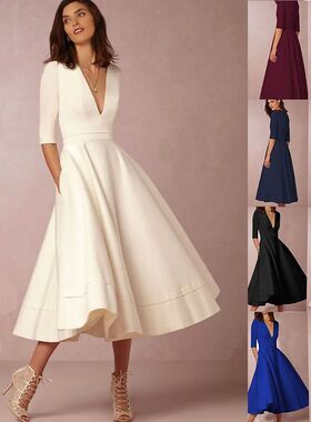 Hanging neck printed ruffle edge dress性感深V中袖女士连衣裙