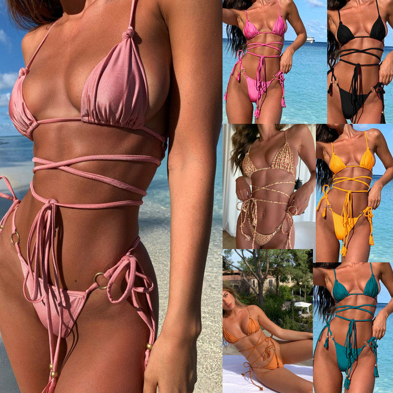 Sexy print lace-up split swimsuit   性感印花无袖系带分体泳衣