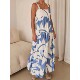 Print Flared Maxi Strappy Dress 吊带印花百褶连衣裙大摆长裙女