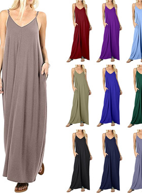 Loose pocket sling long dress woman   宽松口袋吊带连衣长裙女