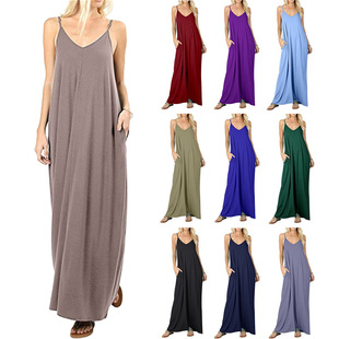 Loose pocket sling long dress woman 宽松口袋吊带连衣长裙女